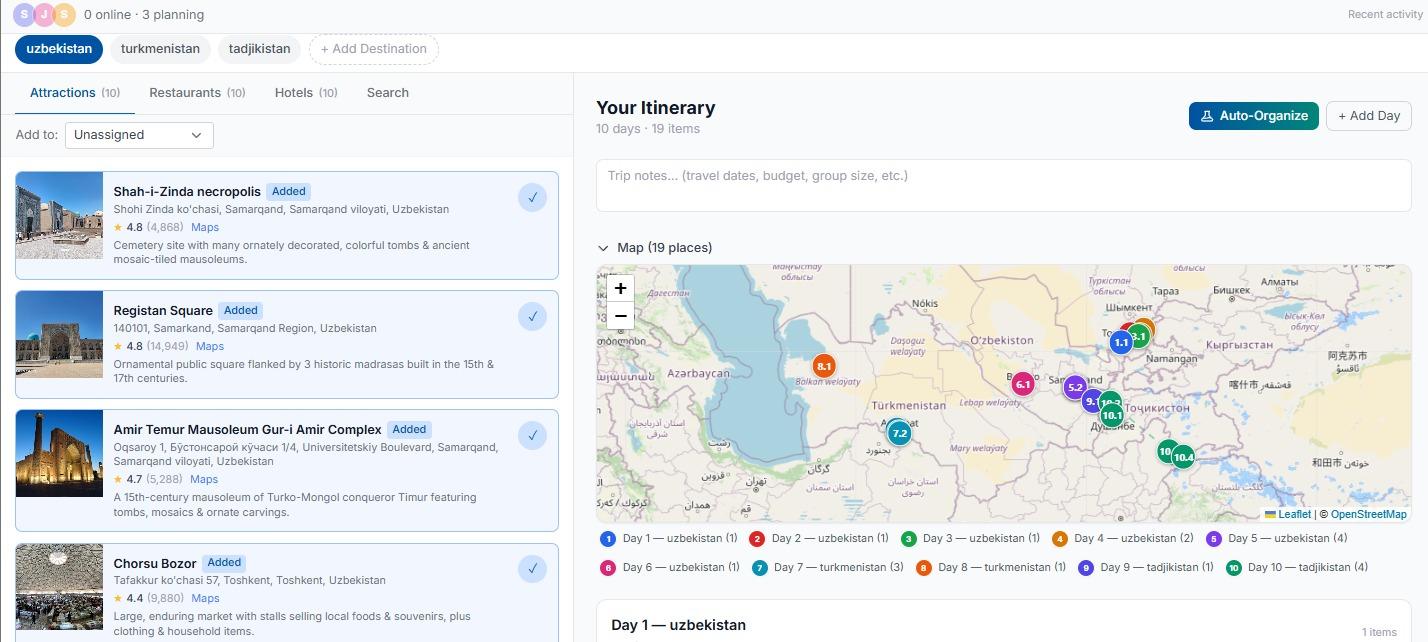 Meera Trip Planner — visual day-by-day itinerary with map, auto-organize, and collaborative planning